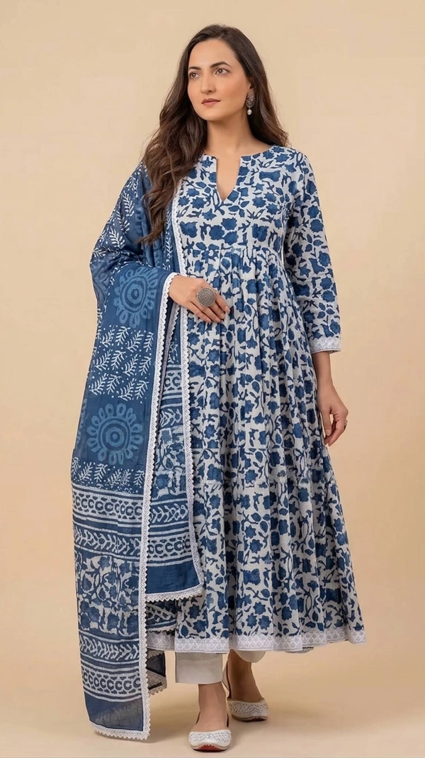 Women Blue Printed Cotton Kurti Set With Dupatta and Pants
